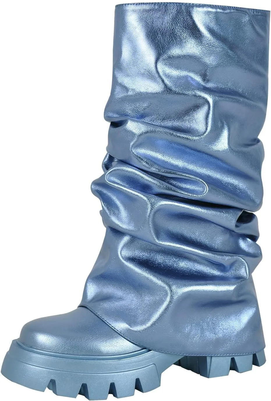 LISHAN Women's Platform Block Heels Mid Calf Slouchy Fold Down Boots