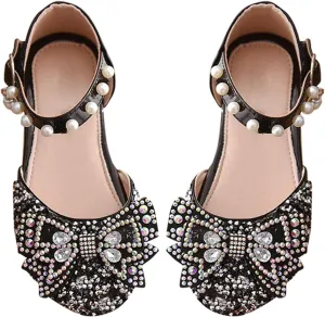 Little Kid Girls Mary Jane Ballerina Shoes hinestones Bowknot Flower Girl Wedding Pary Pearl Strap Dress Shoes