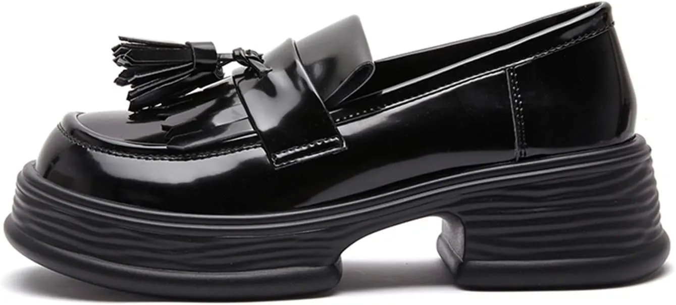 Loafers for Women Women??s Genuine Leather Loafers with Thick Bottom Autumn Tassel Casual Shoes for Students and Girls
