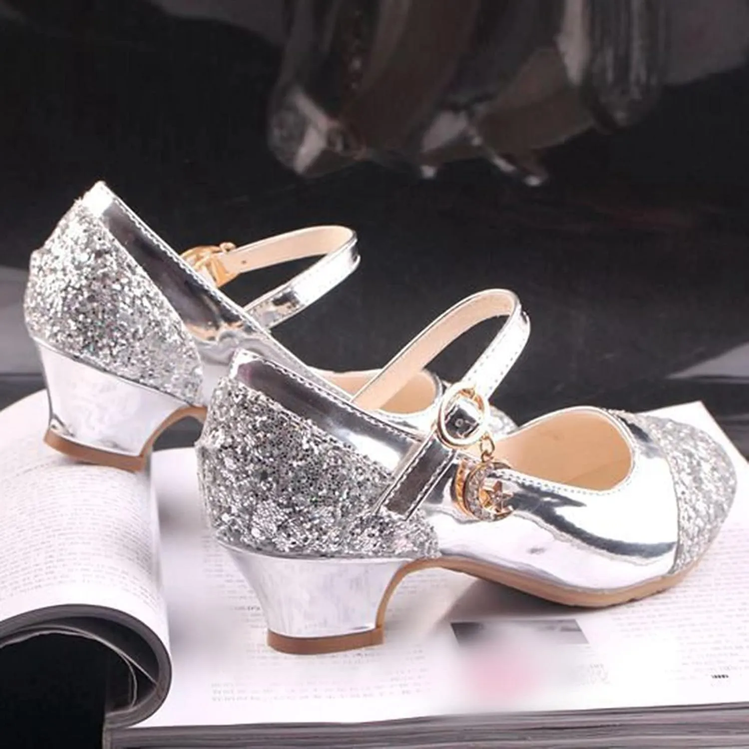 Mary Jane Shoes with Low Heel hinestones Princess Flower Girls Wedding Flat Dress Shoes for Little Kid/Big Kid