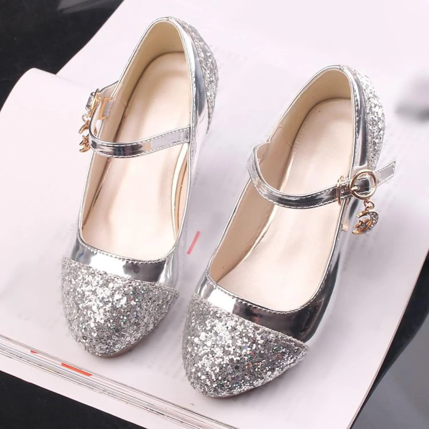 Mary Jane Shoes with Low Heel hinestones Princess Flower Girls Wedding Flat Dress Shoes for Little Kid/Big Kid
