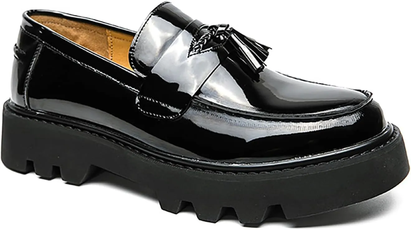 Men's Black Patent Leather Platform Loafers Slip-On Dress Shoes with Tassel, Non-Slip Lug Sole Round Toe Penny Formal Shoes for Business Work & Daily