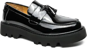 Men's Black Patent Leather Platform Loafers Slip-On Dress Shoes with Tassel, Non-Slip Lug Sole Round Toe Penny Formal Shoes for Business Work & Daily