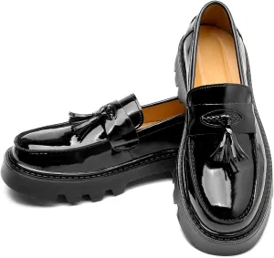 Men's Black Patent Leather Platform Loafers Slip-On Dress Shoes with Tassel, Non-Slip Lug Sole Round Toe Penny Formal Shoes for Business Work & Daily