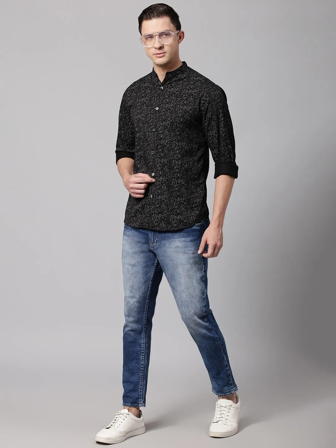 Men's Black Slim Fit Printed Casual Shirt