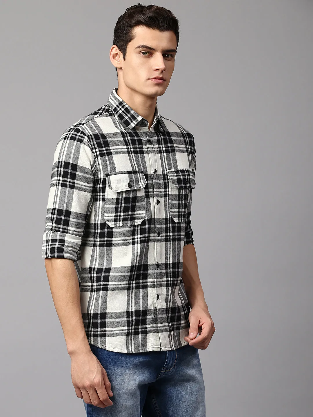 Men's Checkered Cream Slim Fit Casual Shirt  Spread Collar