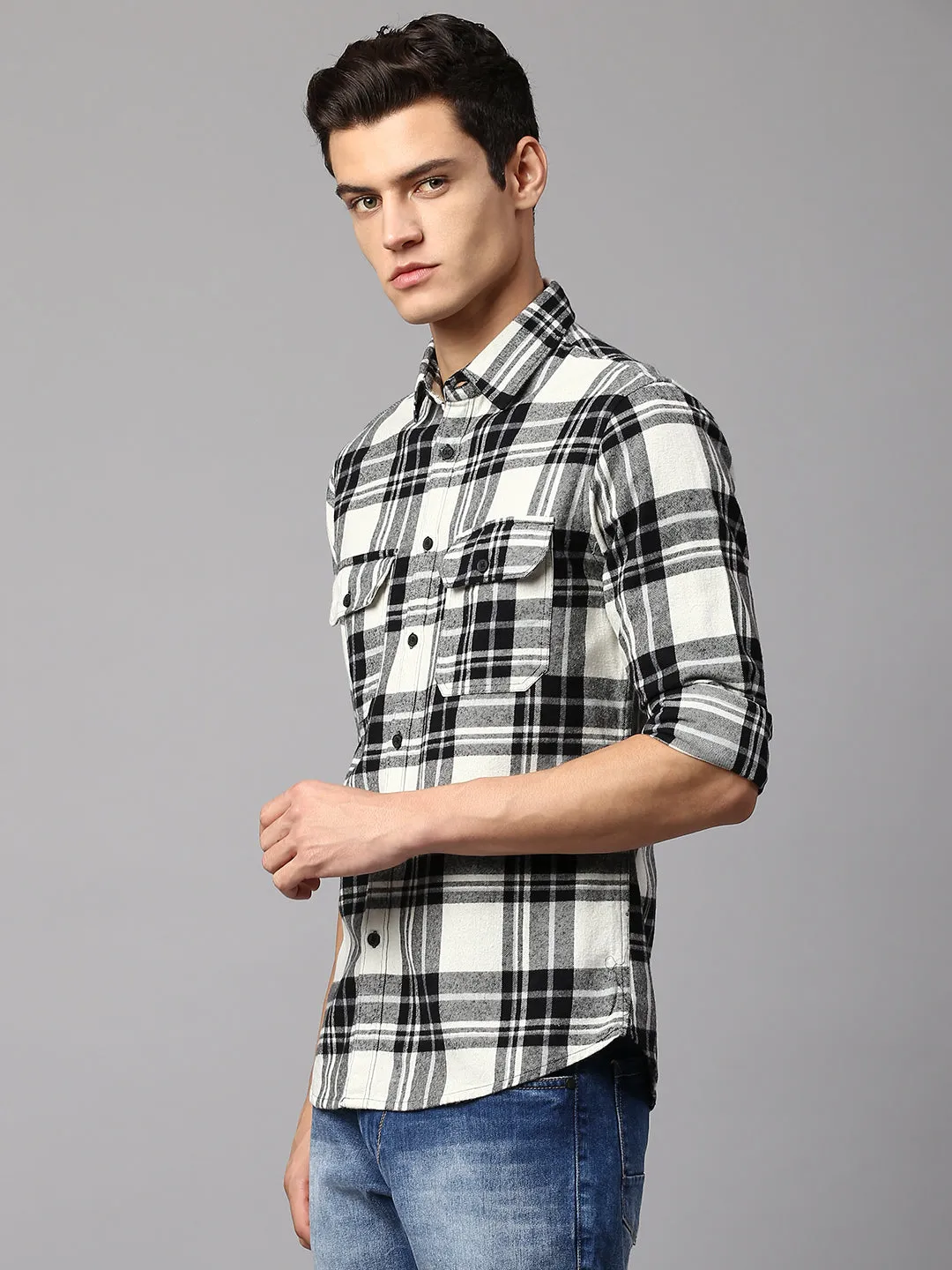 Men's Checkered Cream Slim Fit Casual Shirt  Spread Collar