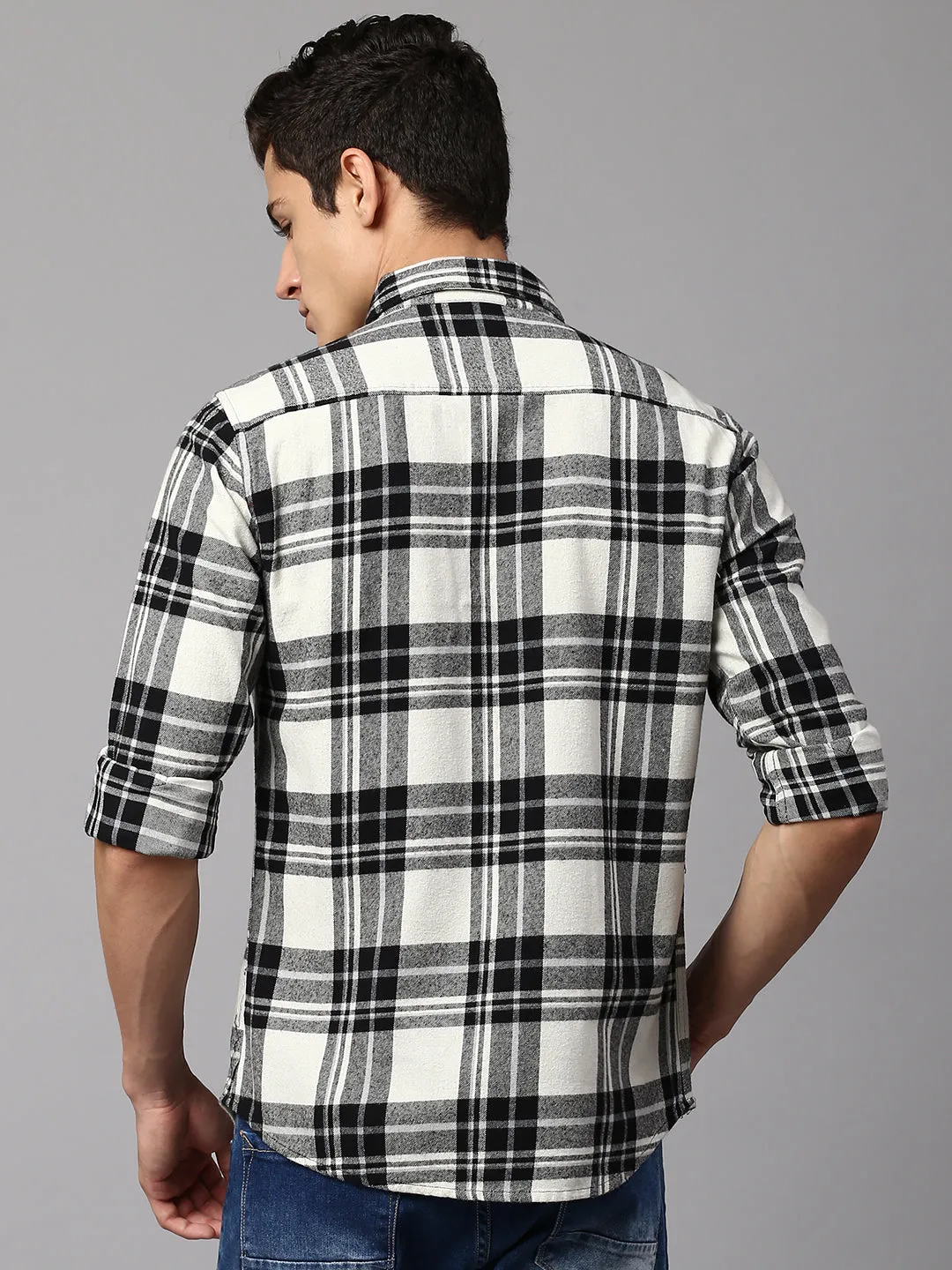 Men's Checkered Cream Slim Fit Casual Shirt  Spread Collar