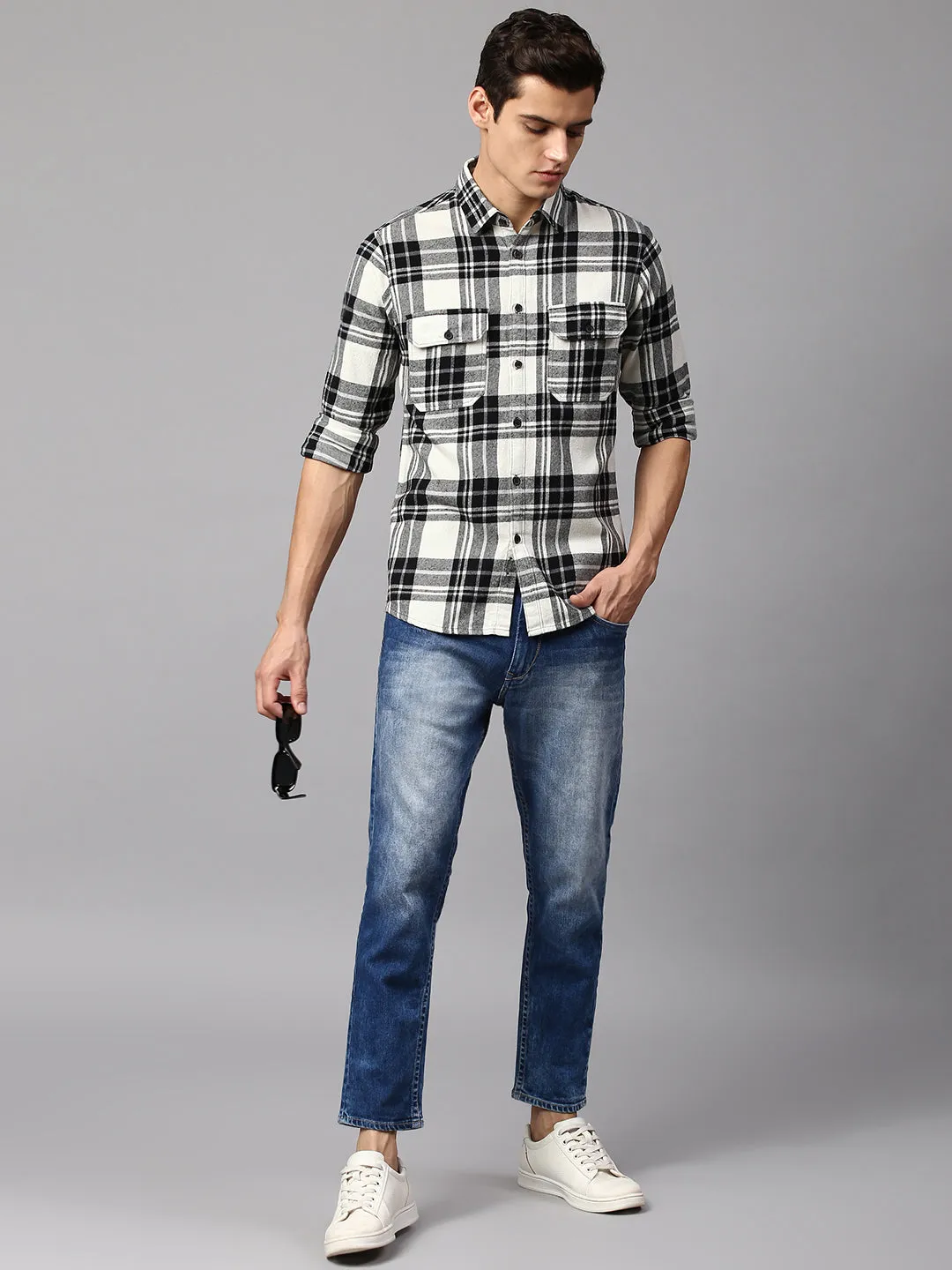 Men's Checkered Cream Slim Fit Casual Shirt  Spread Collar