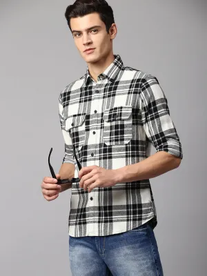 Men's Checkered Cream Slim Fit Casual Shirt  Spread Collar