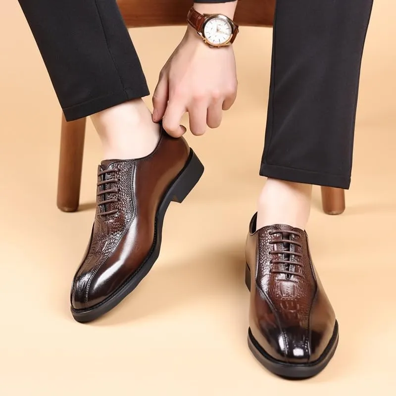 Men's Fashion Classic Pointed Toe Lace Up Low Top Leather Dress Shoes Modern Business Casual Scale Pattern Comfort Formal Shoes for Men