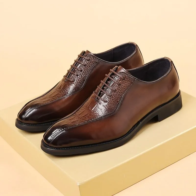 Men's Fashion Classic Pointed Toe Lace Up Low Top Leather Dress Shoes Modern Business Casual Scale Pattern Comfort Formal Shoes for Men