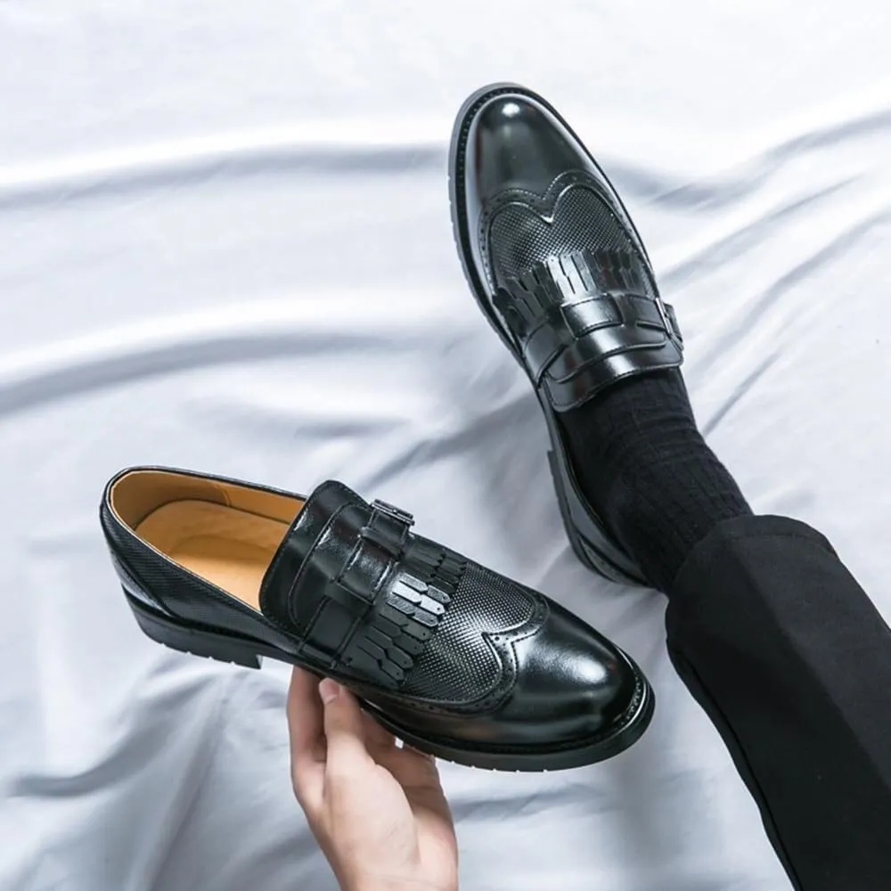 Men's Fashion Tassel Loafers Comfortable Round Toe Slip-On Wingtip Pattern Buckle Formal Shoes Business Casual Walking Shoes for Men