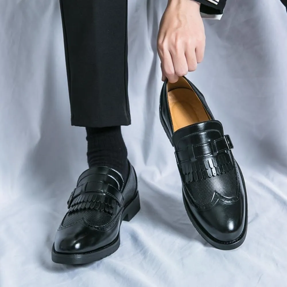 Men's Fashion Tassel Loafers Comfortable Round Toe Slip-On Wingtip Pattern Buckle Formal Shoes Business Casual Walking Shoes for Men