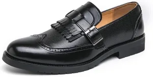 Men's Fashion Tassel Loafers Comfortable Round Toe Slip-On Wingtip Pattern Buckle Formal Shoes Business Casual Walking Shoes for Men