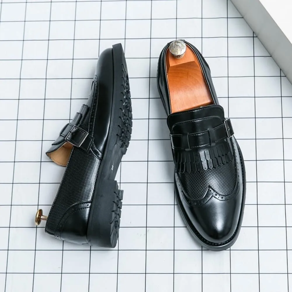 Men's Fashion Tassel Loafers Comfortable Round Toe Slip-On Wingtip Pattern Buckle Formal Shoes Business Casual Walking Shoes for Men