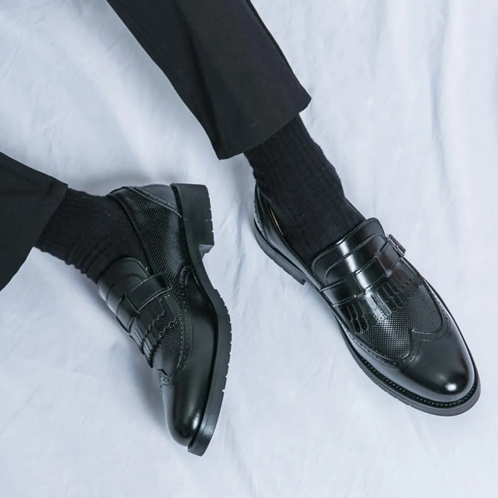Men's Fashion Tassel Loafers Comfortable Round Toe Slip-On Wingtip Pattern Buckle Formal Shoes Business Casual Walking Shoes for Men