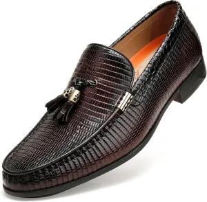 Mens Genuine Dress Shoes, Premium Crocodile Print Leather Slip-on Casual Shoes Penny Loafers for Mens, Black