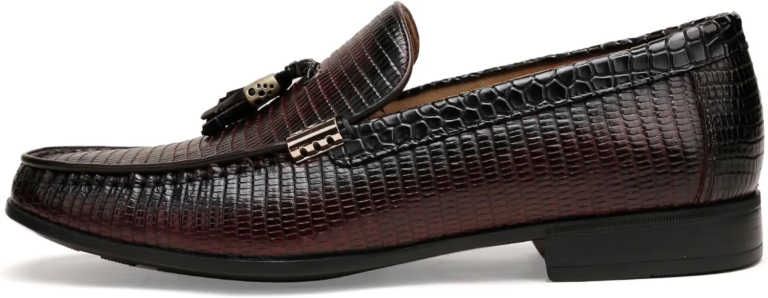 Mens Genuine Dress Shoes, Premium Crocodile Print Leather Slip-on Casual Shoes Penny Loafers for Mens, Black
