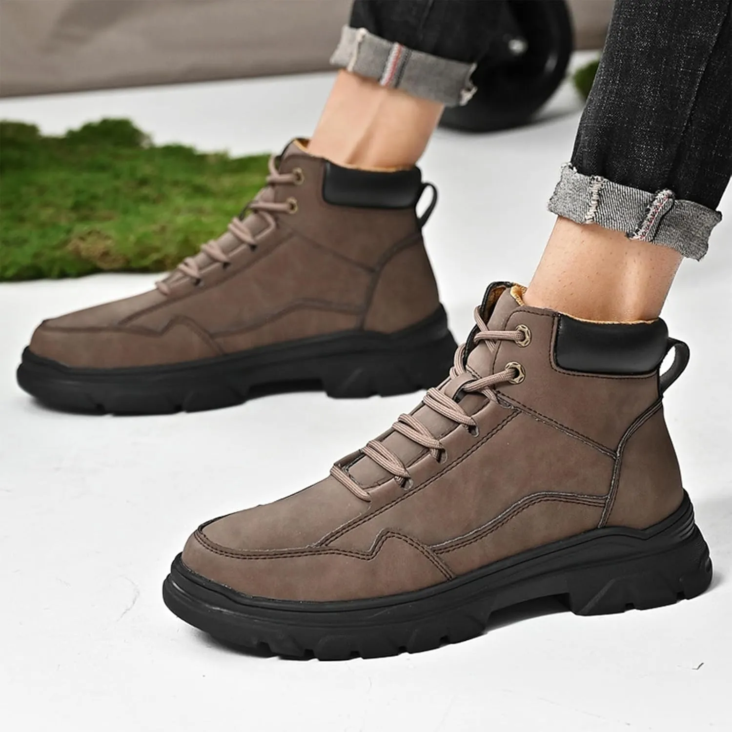 Men's Genuine Leather lace-up Waterproof Hiking Boots Fashion high-top Comfy Oxford Ankle Boots Outdoor Non Slip Casual Slip-on Chukka Work Boots