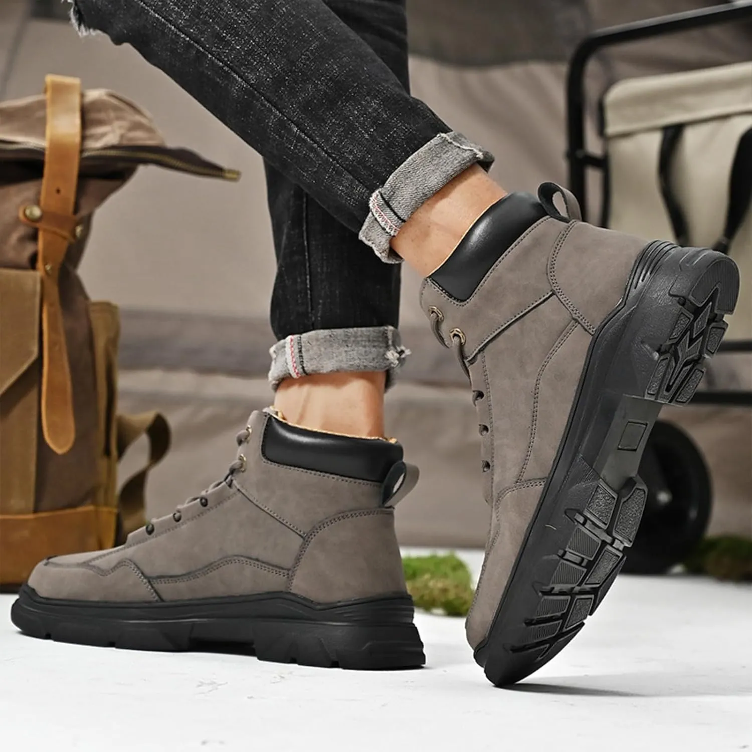Men's Genuine Leather lace-up Waterproof Hiking Boots Fashion high-top Comfy Oxford Ankle Boots Outdoor Non Slip Casual Slip-on Chukka Work Boots