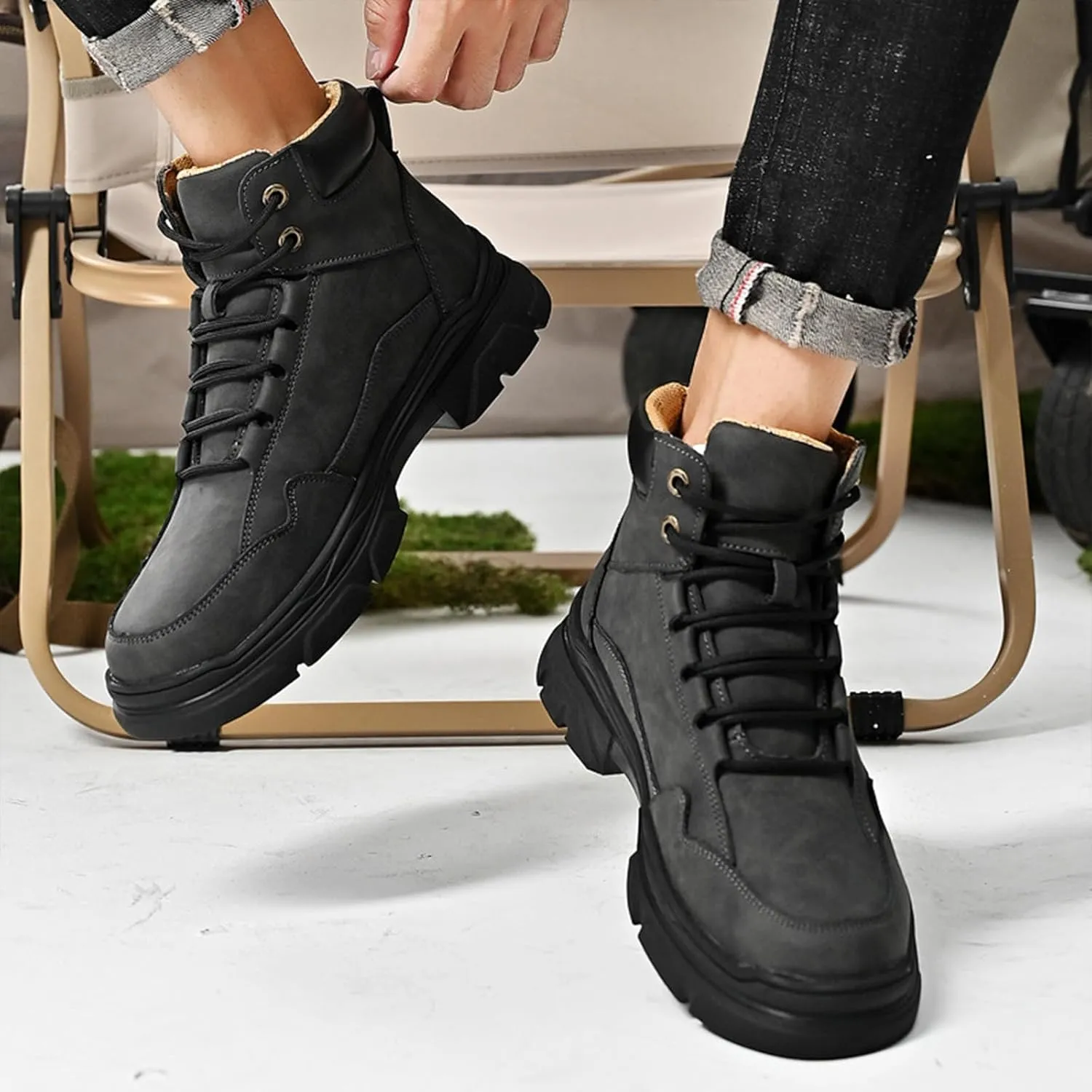 Men's Genuine Leather lace-up Waterproof Hiking Boots Fashion high-top Comfy Oxford Ankle Boots Outdoor Non Slip Casual Slip-on Chukka Work Boots