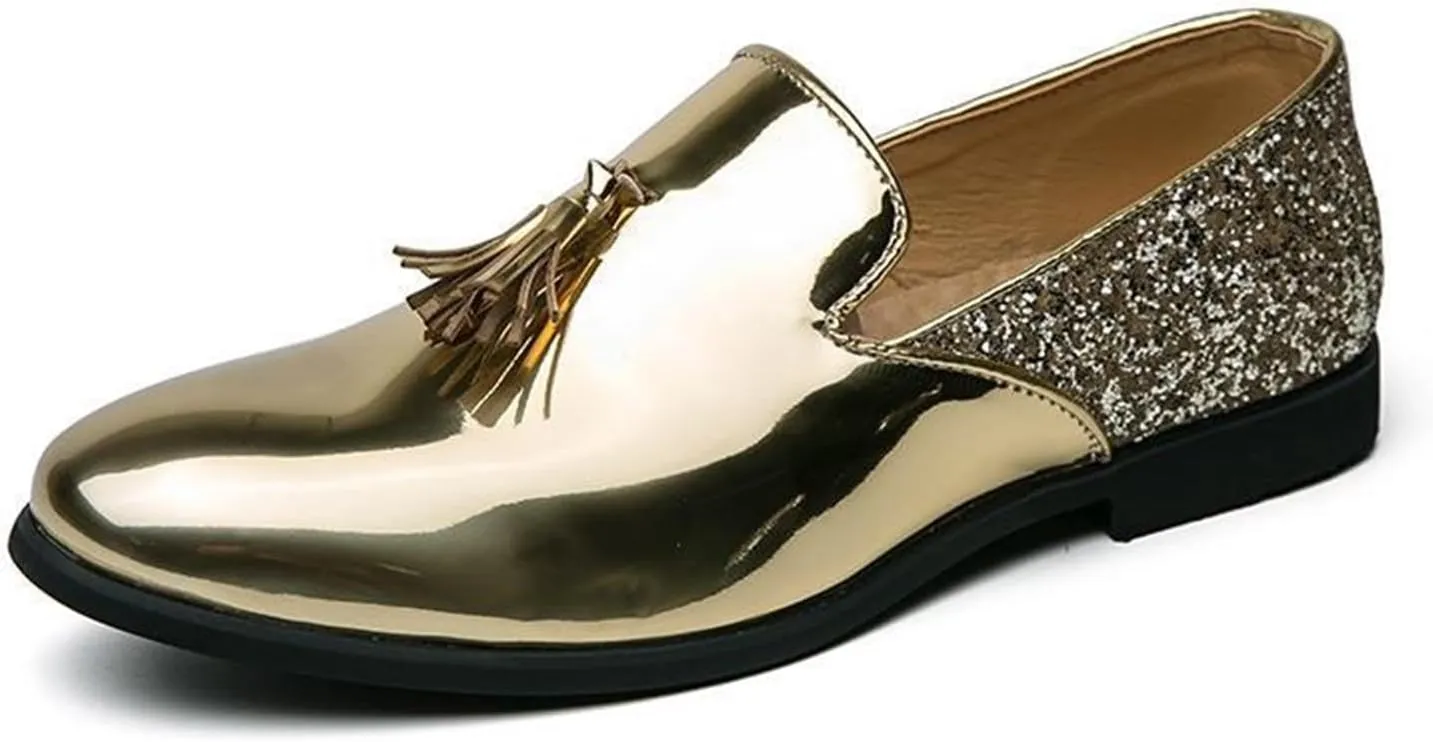 Mens Glitter Loafers Penny Tassel Slip On Loafers Patent Leather Casual Chunky Heel Dress Sparkly Shoes for Party Wedding Prom