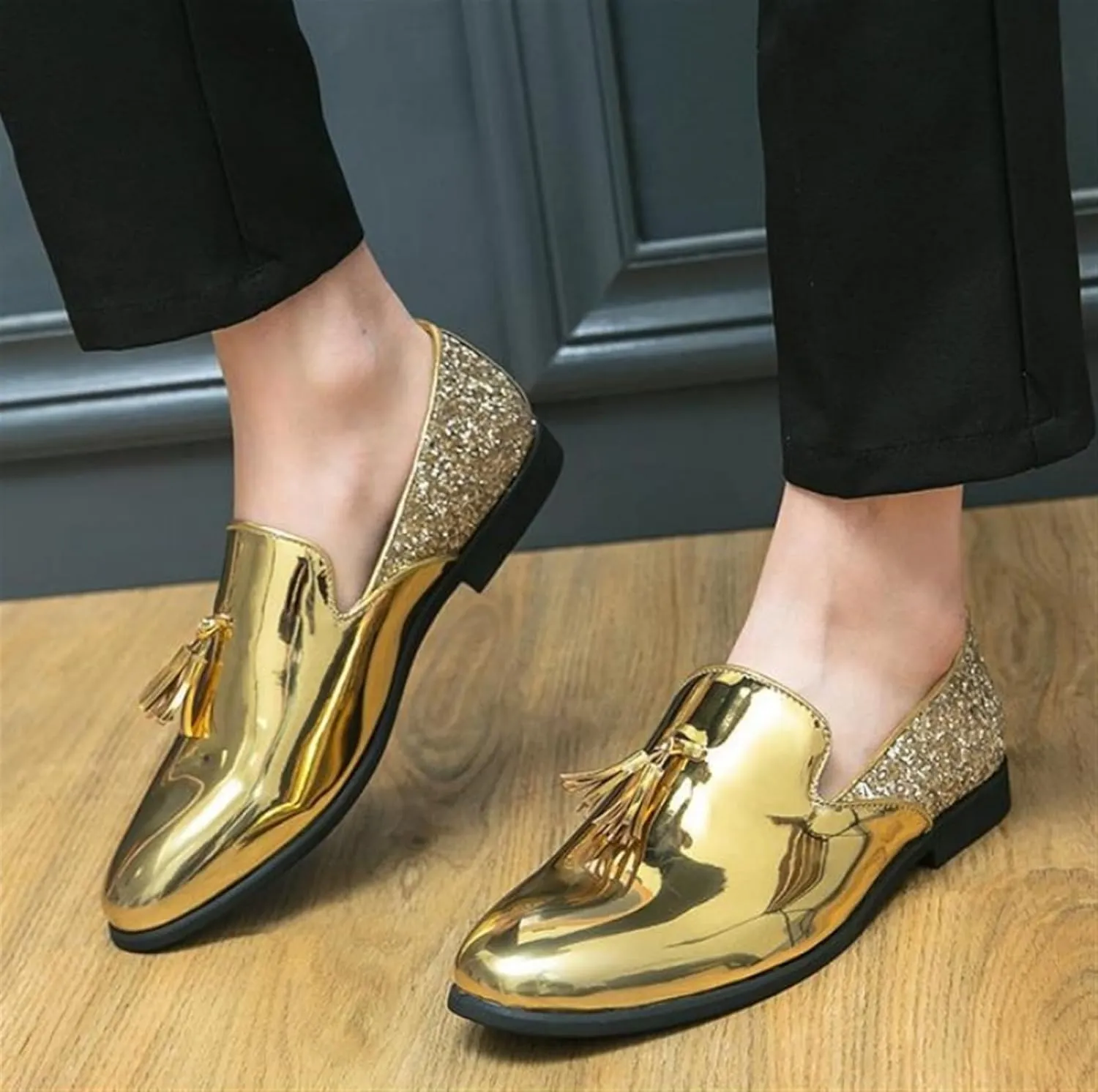 Mens Glitter Loafers Penny Tassel Slip On Loafers Patent Leather Casual Chunky Heel Dress Sparkly Shoes for Party Wedding Prom