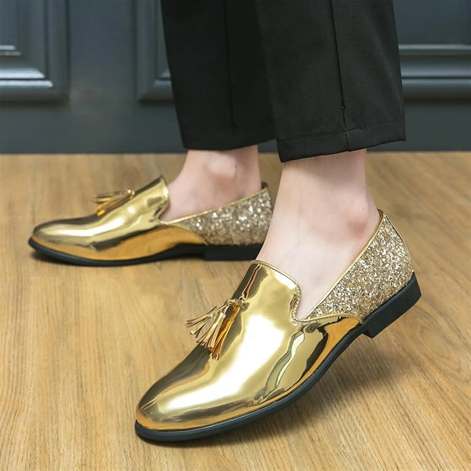 Mens Glitter Loafers Penny Tassel Slip On Loafers Patent Leather Casual Chunky Heel Dress Sparkly Shoes for Party Wedding Prom