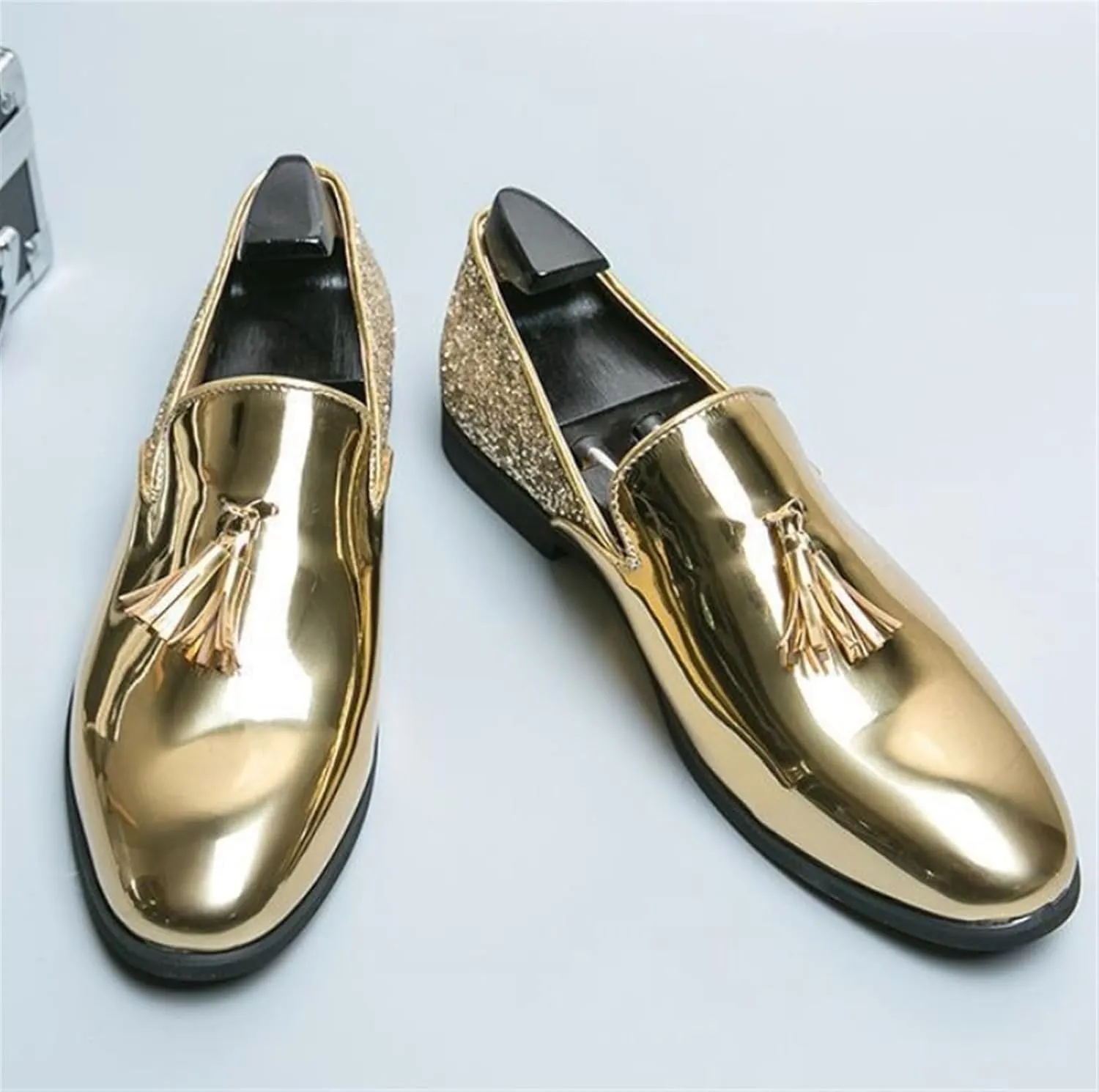 Mens Glitter Loafers Penny Tassel Slip On Loafers Patent Leather Casual Chunky Heel Dress Sparkly Shoes for Party Wedding Prom