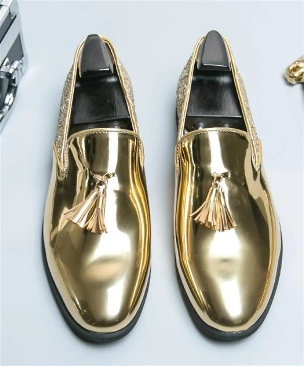 Mens Glitter Loafers Penny Tassel Slip On Loafers Patent Leather Casual Chunky Heel Dress Sparkly Shoes for Party Wedding Prom