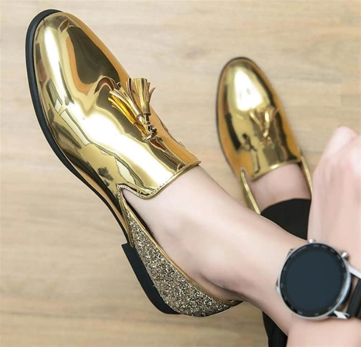 Mens Glitter Loafers Penny Tassel Slip On Loafers Patent Leather Casual Chunky Heel Dress Sparkly Shoes for Party Wedding Prom