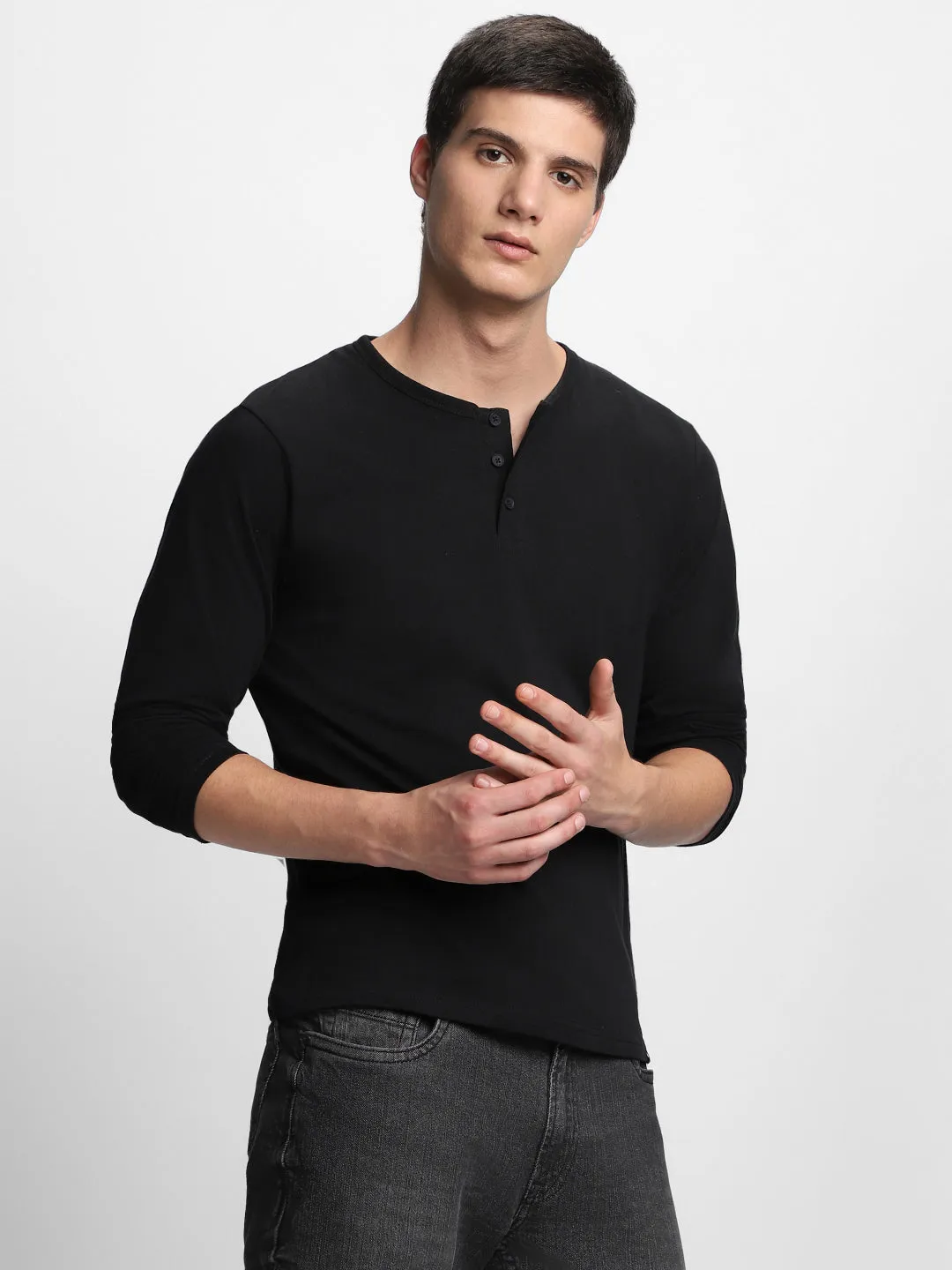 Men's Henley neck Regular Fit Solid Charcoal T-Shirt
