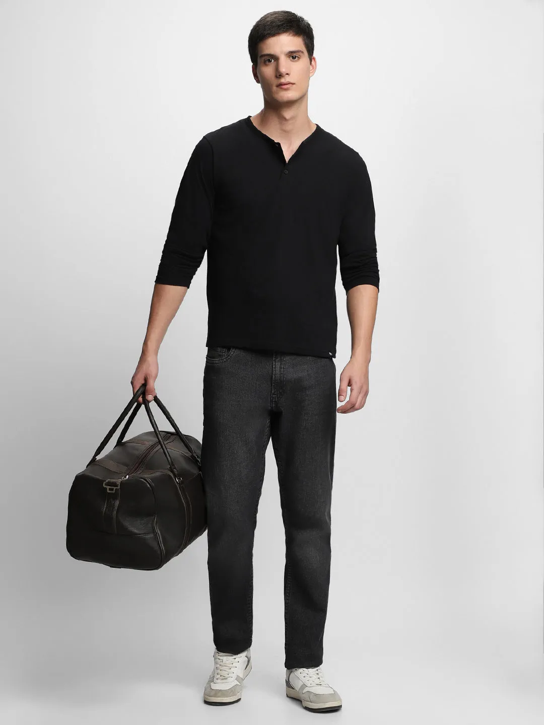 Men's Henley neck Regular Fit Solid Charcoal T-Shirt