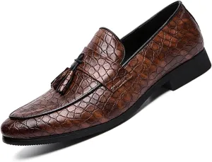 Men's Leather Print Dress Loafers with Tassel Decor Fashion Classic Point Toe Handmade Slip-on Penny Loafer Low Top Non-Slip Luxury Business Formal Shoes