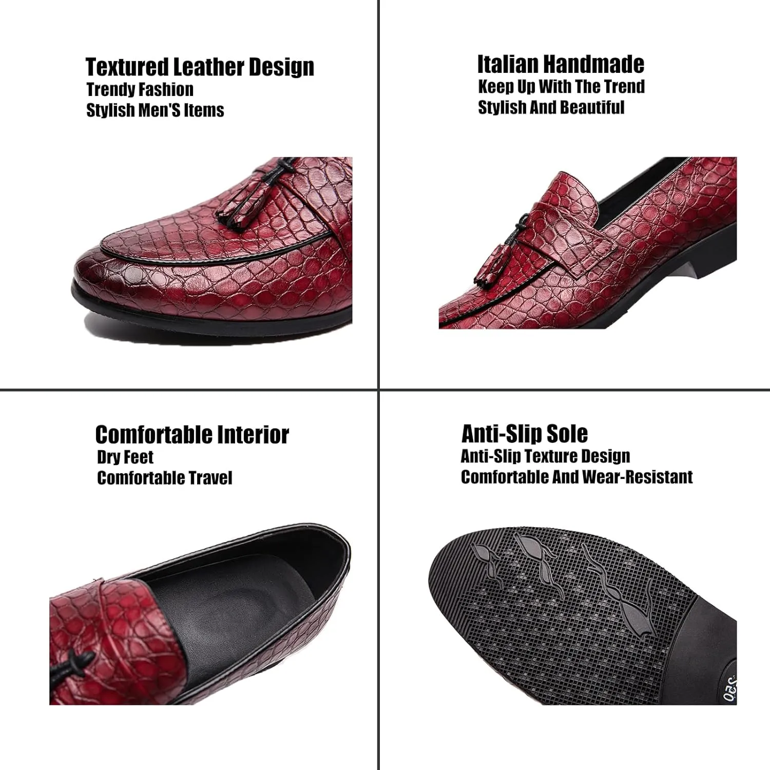 Men's Leather Print Dress Loafers with Tassel Decor Fashion Classic Point Toe Handmade Slip-on Penny Loafer Low Top Non-Slip Luxury Business Formal Shoes