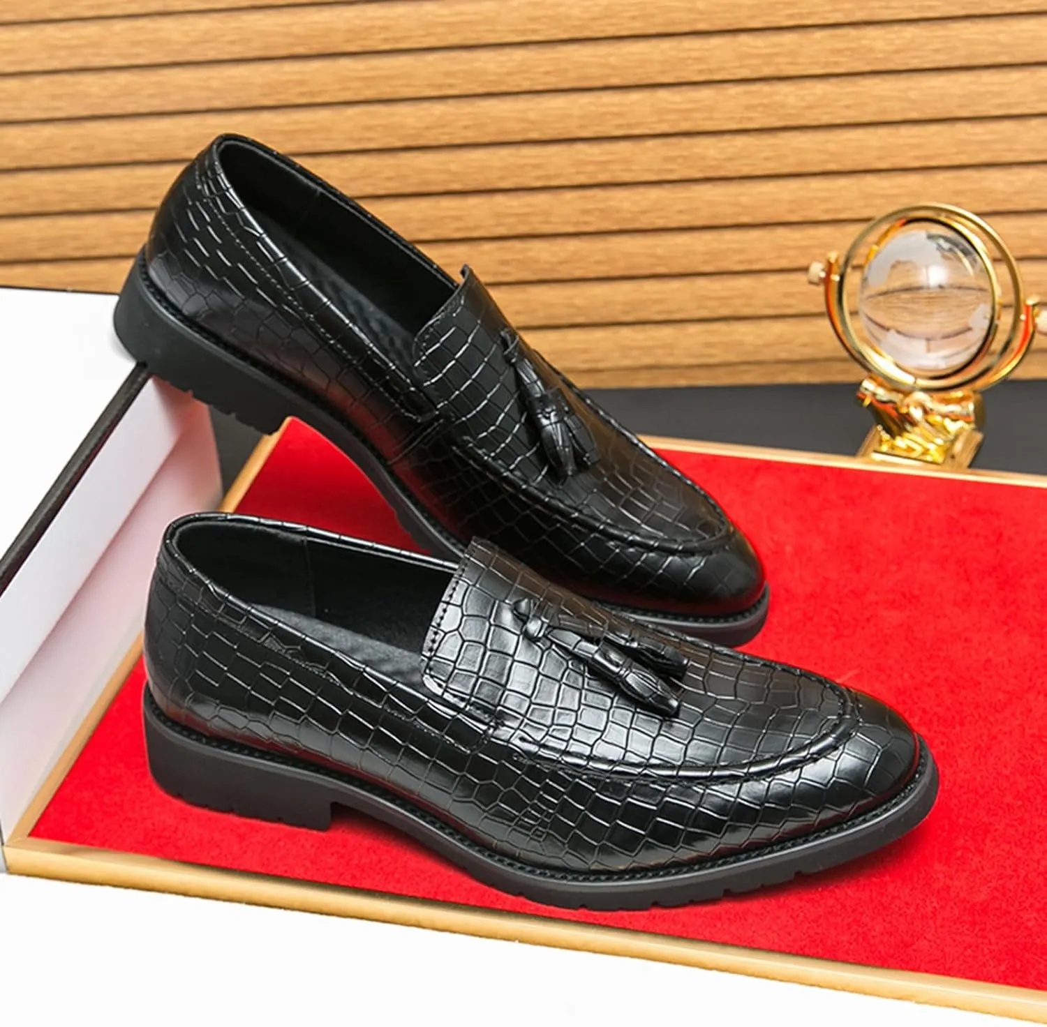 Men'S Leather Stone Pattern Tassel Slip-On Loafers,Fashion Pointed Toe Comfortable Low Top Non-Slip Dress Shoes,for Wedding Party Formal