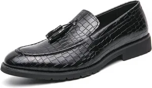 Men'S Leather Stone Pattern Tassel Slip-On Loafers,Fashion Pointed Toe Comfortable Low Top Non-Slip Dress Shoes,for Wedding Party Formal