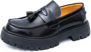 Men's Leather Tassel Platform Penny Loafers Comfort Wide Round Toe Non Slip Lug Sole Slip On Dress Shoes Business Office Casual Shoes