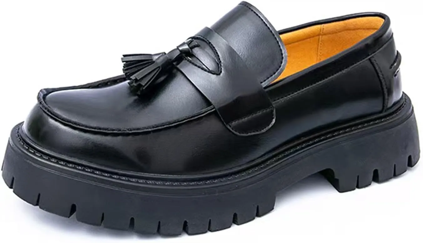 Men's Leather Tassel Platform Penny Loafers Comfort Wide Round Toe Non Slip Lug Sole Slip On Dress Shoes Business Office Casual Shoes