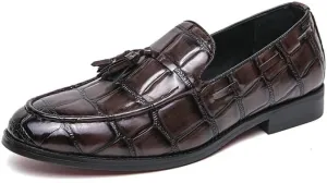 Mens Loafers Pointed Burnished Toe with Tassel Block Pattern Boat Shoes Comfortable Flexible Resistant Classic Prom Slip On