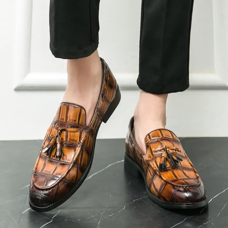 Mens Loafers Pointed Burnished Toe with Tassel Block Pattern Boat Shoes Comfortable Flexible Resistant Classic Prom Slip On