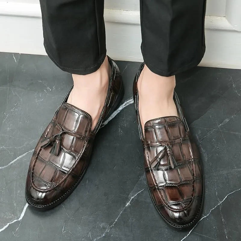 Mens Loafers Pointed Burnished Toe with Tassel Block Pattern Boat Shoes Comfortable Flexible Resistant Classic Prom Slip On