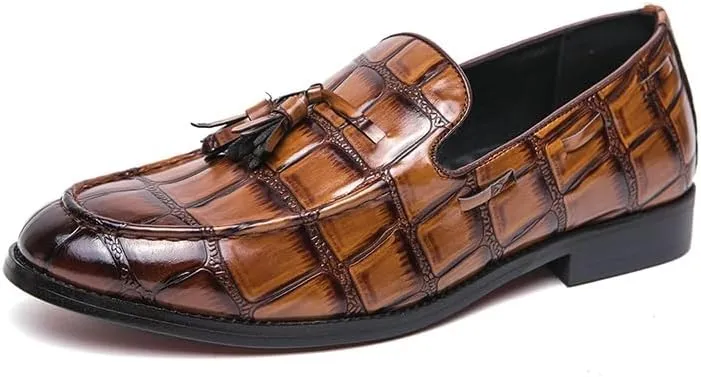 Mens Loafers Pointed Burnished Toe with Tassel Block Pattern Boat Shoes Comfortable Flexible Resistant Classic Prom Slip On