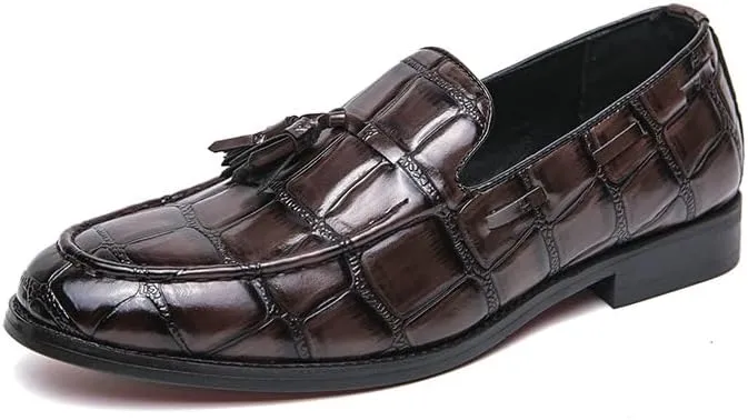 Mens Loafers Pointed Burnished Toe with Tassel Block Pattern Boat Shoes Comfortable Flexible Resistant Classic Prom Slip On