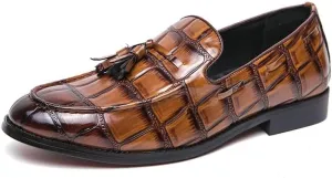 Mens Loafers Pointed Burnished Toe with Tassel Block Pattern Boat Shoes Comfortable Flexible Resistant Classic Prom Slip On