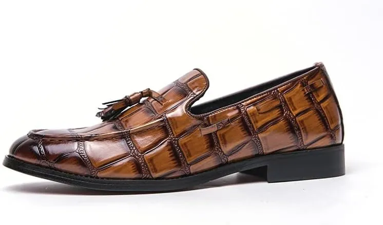 Mens Loafers Pointed Burnished Toe with Tassel Block Pattern Boat Shoes Comfortable Flexible Resistant Classic Prom Slip On