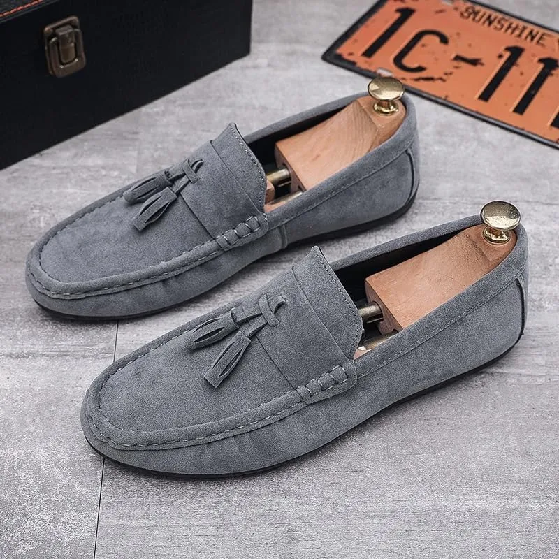 Men's Loafers Shoes Nubuck Leather with Tassel Driving Style Loafer Comfortable Flat Heel Anti-Slip Classic Prom Slip On