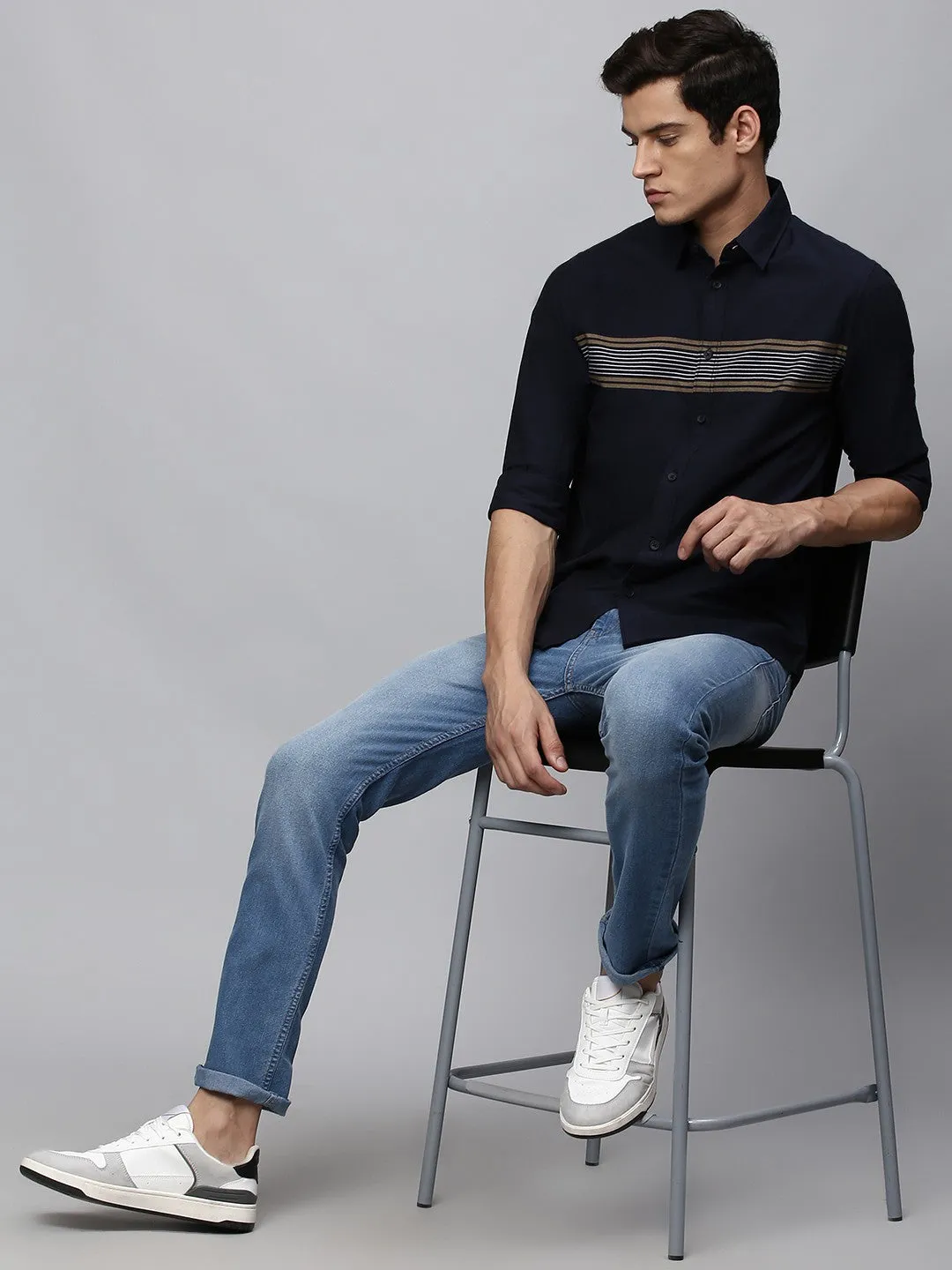 Men's Navy Blue Slim Fit Cotton Oxford Casual Shirt