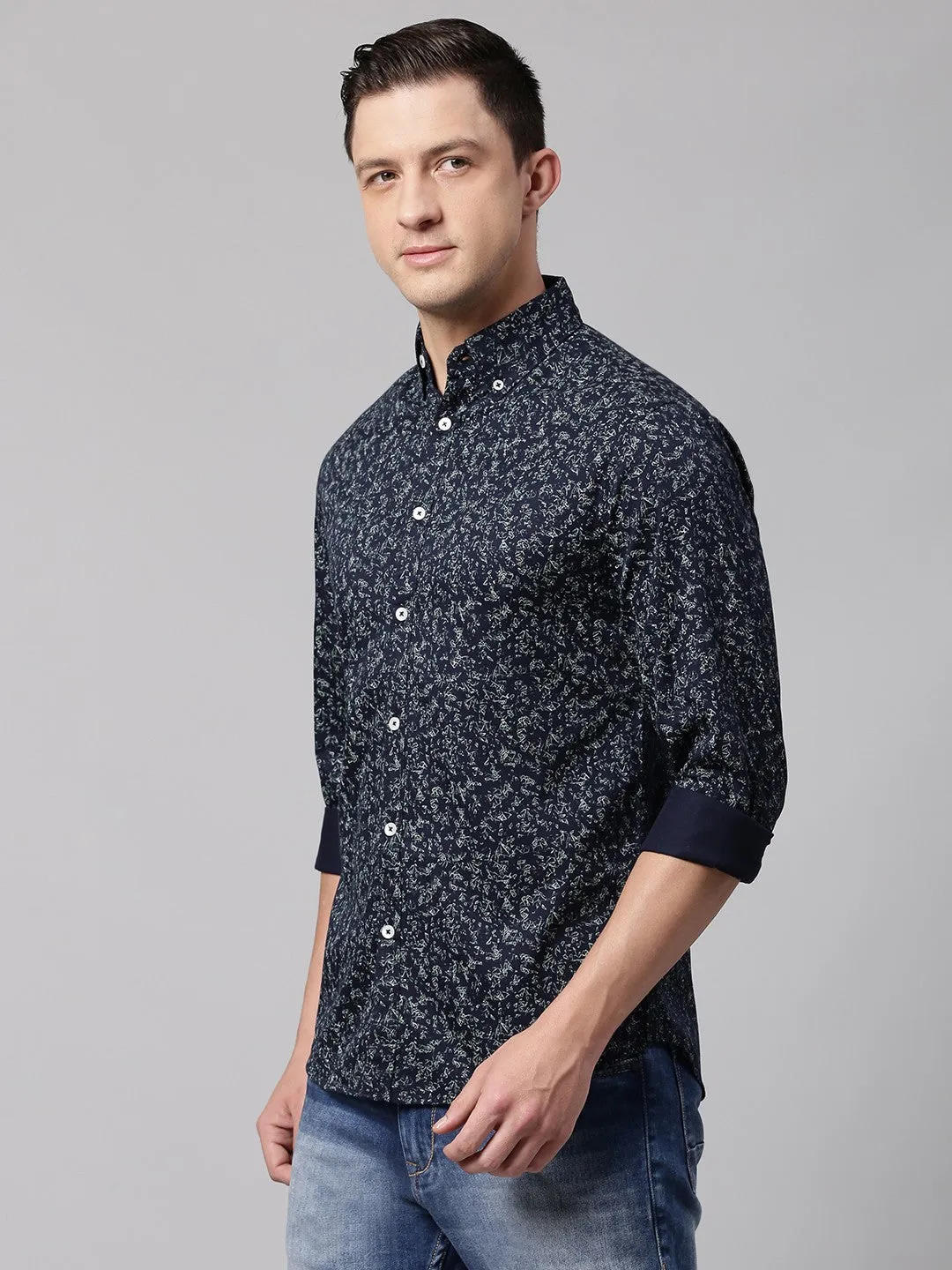 Men's Navy Blue Slim Fit Printed Casual Shirt